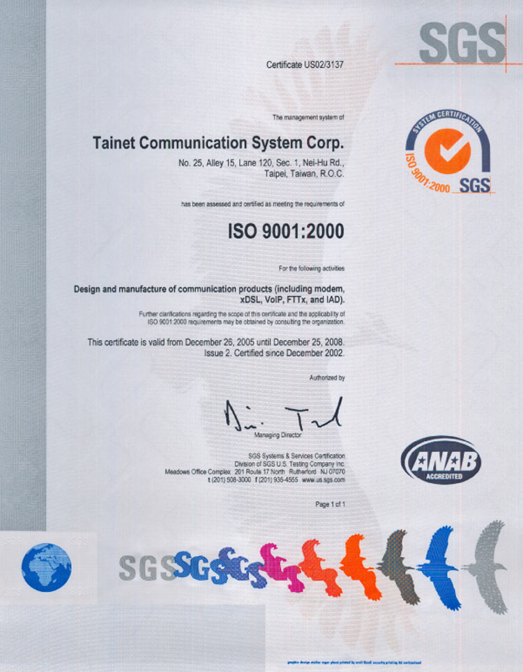 Tainet Communication System Corporation.  ISO 9001:2000